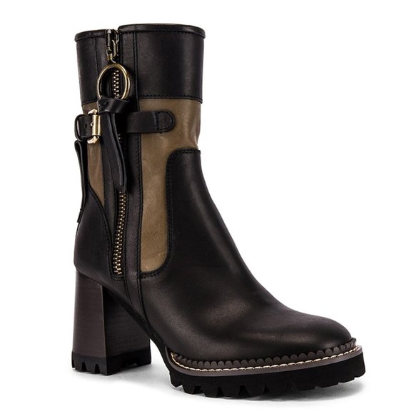 NWT See By Chloe Bryn Bootie Chunky Heel Ankle Boot Natural Calf Nero & Savana - Picture 2 of 10